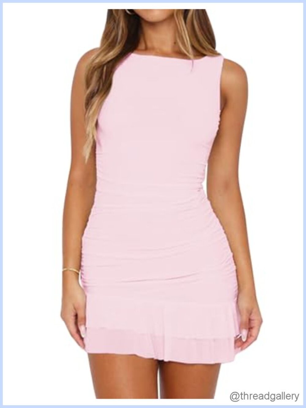 Women Sleeveless Mini Dress Ruffle Hem Bodycon Ruched Party Club Dress